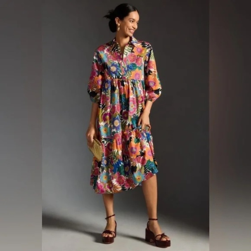 Anthropologie Maeve Bettina Tiered Shirtdress, multicolor, size L, EUC